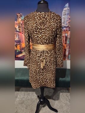 Leopard Print Long-Sleeve Shift Dress in Brown